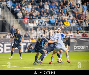 Chester, Pennsylvania, Stati Uniti. 28 settembre 2024. Giocatori dei Philadelphia Union in azione contro i giocatori degli Atlanta United FC durante la partita al Subaru Park di Chester PA (Credit Image: © Ricky Fitchett/ZUMA Press Wire) SOLO PER USO EDITORIALE! Non per USO commerciale! Crediti: ZUMA Press, Inc./Alamy Live News Foto Stock