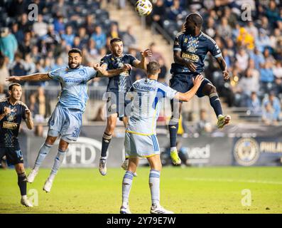 Chester, Pennsylvania, Stati Uniti. 28 settembre 2024. Giocatori dei Philadelphia Union in azione contro i giocatori degli Atlanta United FC durante la partita al Subaru Park di Chester PA (Credit Image: © Ricky Fitchett/ZUMA Press Wire) SOLO PER USO EDITORIALE! Non per USO commerciale! Crediti: ZUMA Press, Inc./Alamy Live News Foto Stock