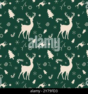 Motivo di cervi e oggetti natalizi con sfondo verde Illustrazione Vettoriale