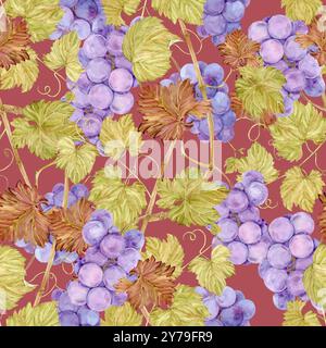 Sfondo fluido con vite. Acquerello lilla bacche e foglie d'uva autunnale. Illustrazioni per il design di etichette di vini, succo d'uva, uomini di ristoranti Foto Stock