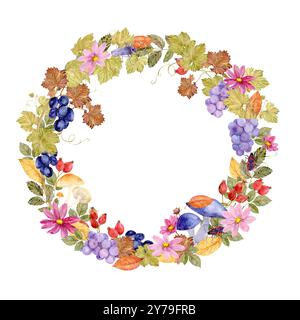 Corona natalizia autunnale con frutti di bosco e funghi autunnali. Illustrazione ad acquerello in stile vintage. Decorazione della vite. Telaio rotondo per matrimoni, harv Foto Stock