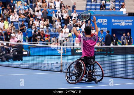 Tokyo, Giappone. 29 settembre 2024. Tokito ODA (JPN) festeggia dopo aver vinto la finale di Wheelchair Men's Singles contro Gustavo FERNANDEZ (ARG) durante il Kinoshita Group Japan Open Tennis Championships 2024 all'Ariake Colosseum. Questo è il torneo ATP Tour più longevo in Asia, che si è tenuto per la prima volta nel 1972. I tornei si svolgono dal 23 settembre al 1° ottobre. ODA ha vinto 6/3, 6/4. (Credit Image: © Rodrigo Reyes Marin/ZUMA Press Wire) SOLO PER USO EDITORIALE! Non per USO commerciale! Crediti: ZUMA Press, Inc./Alamy Live News Foto Stock