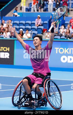 Tokyo, Giappone. 29 settembre 2024. Tokito ODA (JPN) festeggia dopo aver vinto la finale di Wheelchair Men's Singles contro Gustavo FERNANDEZ (ARG) durante il Kinoshita Group Japan Open Tennis Championships 2024 all'Ariake Colosseum. Questo è il torneo ATP Tour più longevo in Asia, che si è tenuto per la prima volta nel 1972. I tornei si svolgono dal 23 settembre al 1° ottobre. ODA ha vinto 6/3, 6/4. (Credit Image: © Rodrigo Reyes Marin/ZUMA Press Wire) SOLO PER USO EDITORIALE! Non per USO commerciale! Crediti: ZUMA Press, Inc./Alamy Live News Foto Stock