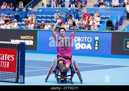 Tokyo, Giappone. 29 settembre 2024. Tokito ODA (JPN) festeggia dopo aver vinto la finale di Wheelchair Men's Singles contro Gustavo FERNANDEZ (ARG) durante il Kinoshita Group Japan Open Tennis Championships 2024 all'Ariake Colosseum. Questo è il torneo ATP Tour più longevo in Asia, che si è tenuto per la prima volta nel 1972. I tornei si svolgono dal 23 settembre al 1° ottobre. ODA ha vinto 6/3, 6/4. (Credit Image: © Rodrigo Reyes Marin/ZUMA Press Wire) SOLO PER USO EDITORIALE! Non per USO commerciale! Crediti: ZUMA Press, Inc./Alamy Live News Foto Stock