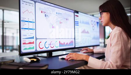 Donna analista che guarda al dashboard di Business Data Analytics Foto Stock