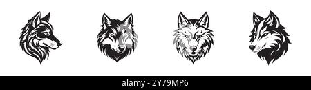 Serie di illustrazioni della testa di lupo in bianco e nero isolate su sfondo bianco. Concetto di animali selvatici, volti di predatori, design monocromatico, arbusti tribali Illustrazione Vettoriale