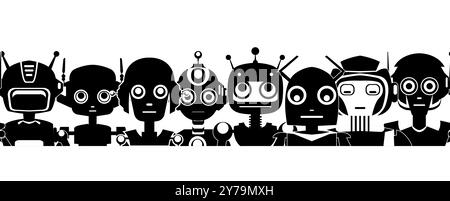 Allegro banner orizzontale per bambini con silhouette nera di robot cartoni animati isolati dallo sfondo. Fregio piatto monocromatico con vari giocattoli cyborg Illustrazione Vettoriale