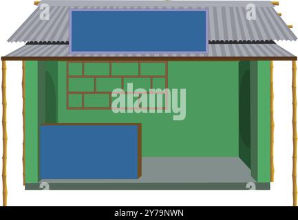 Villaggio indiano vuoto negozio design isolato illustrazione per animazione cartoni animati. Negozio di alimentari vuoto del villaggio. Design a stalla per il tè Illustrazione Vettoriale