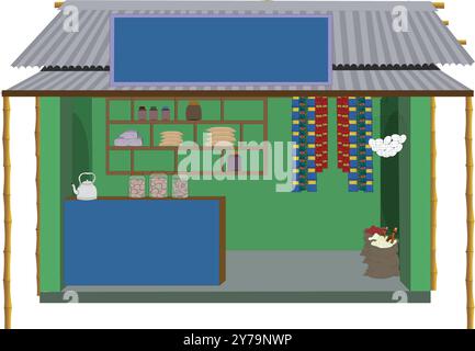 Bancarelle di tè del villaggio indiano con prodotti alimentari isolati su clipart di sfondo bianco per l'animazione dei cartoni animati. Negozio di alimentari del villaggio, PNG Illustrazione Vettoriale