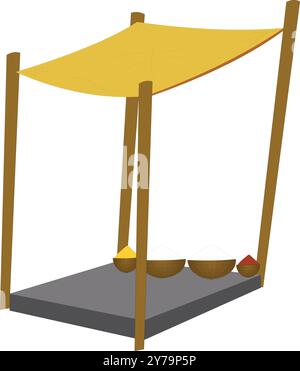 Negozio del villaggio indiano sul pavimento isolato sul bianco. Negozio di articoli per l'animazione dei cartoni animati Illustrazione Vettoriale