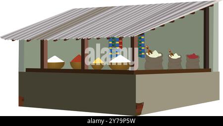 Negozio di alimentari Indian Village per animazioni di cartoni animati. Negozio asiatico. negozio di alimentari per illustrazioni vettoriali di animazione su cartoni animati isolato su un dorso bianco Illustrazione Vettoriale