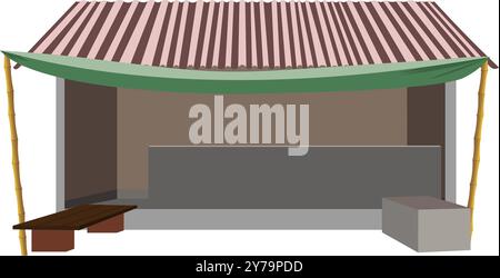 Chiosco del tè del villaggio indiano, negozio vuoto, vettore isolato per animazioni di cartoni animati. capanna del villaggio, stanza vuota per l'animazione dei cartoni animati Illustrazione Vettoriale