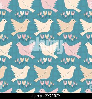 Schema di uccelli senza cuciture. Ripetizione dello sfondo del piccione volante. Disegno di motivi di superficie piccioni e fiori. Illustrazione piatta disegnata a mano dal vettore. Illustrazione Vettoriale