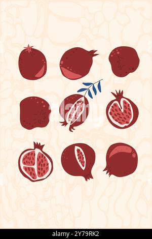 Poster di gruppo melograni. Illustrazione vettoriale piatta disegnata a mano Illustrazione Vettoriale