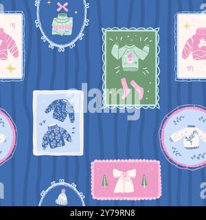 Pullover e calze motivo senza cuciture. Abbigliamento invernale accogliente e divertente, sfondo infinito. Caldo abbigliamento natalizio ornamento continuo. Progettazione di ripetizioni di superficie V Illustrazione Vettoriale