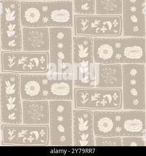 Motivo patchwork dalle tonalità neutre senza cuciture con elementi floreali e botanici disposti in segmenti rettangolari. Ornamento continuo vettore di fiori. Perf Illustrazione Vettoriale