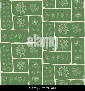 Motivo patchwork senza cuciture con vari elementi floreali e botanici disposti in segmenti rettangolari. Ornamento continuo vettore di fiori Illustrazione Vettoriale