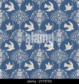 Uccelli e capesante per le vacanze invernali motivo senza cuciture. Piccione volante che regge un ramo d'albero ripetere lo sfondo. Motivo di superficie natalizio moti Illustrazione Vettoriale