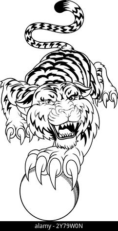 Tiger Cricket Ball Animal Sports Team Mascot Illustrazione Vettoriale