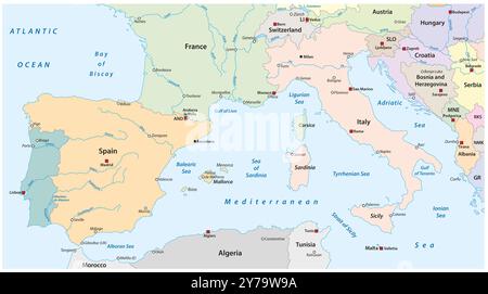 Mappa dell'Europa meridionale con le città e i fiumi più importanti Foto Stock