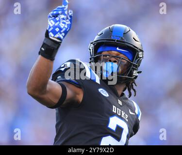 28 settembre 2024: La safety dei Duke Blue Devils Jaylen Stinson (2) celebra un incompletamento durante la partita di football NCAA tra i North Carolina Tar Foto Stock