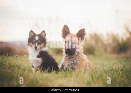 Cuccioli (Sheltie e vecchio cane da pastore tedesco/ Westerwälder Kuhhund) Foto Stock