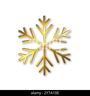 fiocco di neve dorato ricoperto di glitter 3d. Realistica illustrazione 3d di scintillanti fiocchi di neve metallici isolati. Biglietto d'auguri, invito felice anno nuovo e. Illustrazione Vettoriale