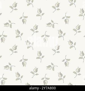 Sfondo vintage in tulipano con motivo vettoriale senza cuciture. Sfondo sparso di fiori di tulipani stilizzati. Neutro disegnato a mano con ecru beige pittorico Illustrazione Vettoriale