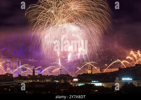 Fantastici fuochi d'artificio sulla città di Budapest. Il quartiere del castello di Buda, l'edificio del Parlamento ungherese e parte della città sono visibili Foto Stock