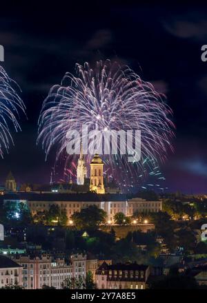 Fantastici fuochi d'artificio sulla città di Budapest. Il quartiere del castello di Buda, l'edificio del Parlamento ungherese e parte della città sono visibili Foto Stock
