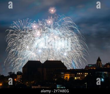 Fantastici fuochi d'artificio sulla città di Budapest. Il quartiere del castello di Buda, l'edificio del Parlamento ungherese e parte della città sono visibili Foto Stock