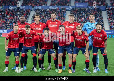 Pamplona, Spagna. 28 settembre 2024. Squadra titolare della CA Osasuna vista prima del calcio spagnolo della EA, partita tra CA Osasuna e FC Barcelona allo stadio Sadar. Punteggio finale; CA Osasuna 4:2 FC Barcelona (foto di Fernando Pidal/SOPA Images/Sipa USA) credito: SIPA USA/Alamy Live News Foto Stock