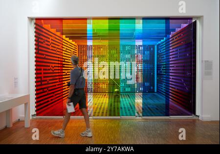 Uomo che guarda l'arte in un museo, 'aménagement de l'antichambre des appartements privés du Palais de l'Elysée pour le président Georges Pompidou', 1972- Foto Stock