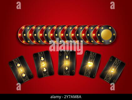 Composizione moderna delle carte da poker Vista dall'alto carte da gioco con chip da poker Illustrazione Vettoriale