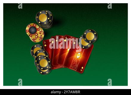 Composizione moderna delle carte da poker Vista dall'alto carte da gioco con chip da poker Illustrazione Vettoriale