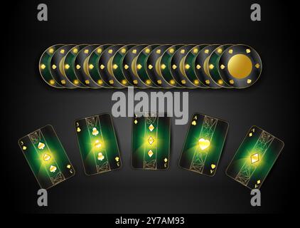 Composizione moderna delle carte da poker Vista dall'alto carte da gioco con chip da poker Illustrazione Vettoriale