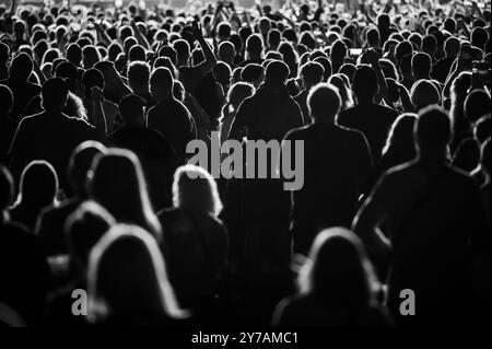 Folla di persone davanti al palco durante il concerto. Foto Stock