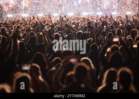 Folla di persone davanti al palco durante il concerto. Foto Stock