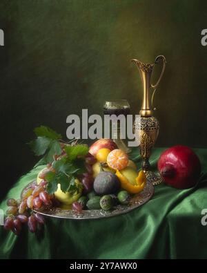 Natura morta con vino e frutta in stile rinascimentale Foto Stock