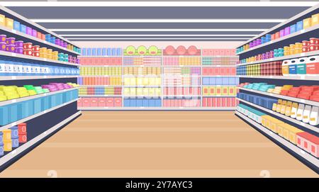 Negozio al dettaglio all'interno con scaffali pieni di articoli sullo sfondo, scaffali interni con illustrazione vettoriale dei cartoni animati. Vista prospettica del supermercato o del negozio di alimentari Illustrazione Vettoriale