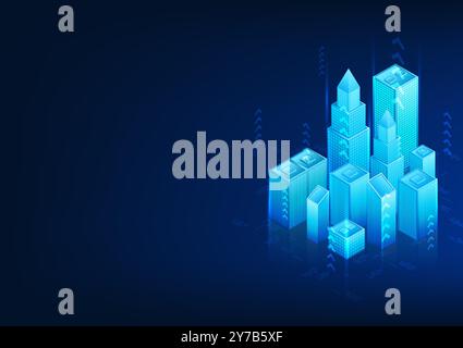 Tecnologia Smart City visualizzazione isometrica con frecce intorno. Mostra una città che è stata sviluppata con la tecnologia moderna. Attrarre investitori a becom Illustrazione Vettoriale