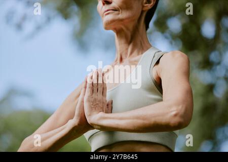 Ripresa ad angolo basso di braccia femminili tonificate in posizione yoga Foto Stock