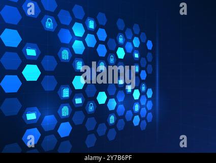 Sfondo della tecnologia di sicurezza, forme geometriche esagonali, all'interno è presente un lucchetto, un file di documento elettronico e un foglio di documenti, che mostra la voce t Illustrazione Vettoriale