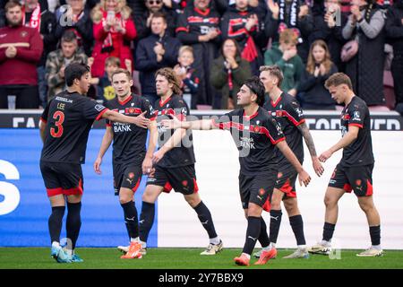 Herning, Danimarca. 29 settembre 2024. I giocatori del Midtjylland tifanno il tifo dopo che Aral Simsir ha pareggiato 1-1 durante la partita di super campionato tra FC Midtjylland e Viborg FF all'MCH Arena di Herning domenica 29 settembre 2024. (Foto: Bo Amstrup /Ritzau Scanpix) credito: Ritzau/Alamy Live News Foto Stock