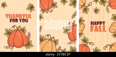 Set di carte Happy Fall. Zucche e foglie arancioni su sfondo decorativo. Manifesti autunnali isolati e verticali. Illustrazione vettoriale. Saluto ba Illustrazione Vettoriale