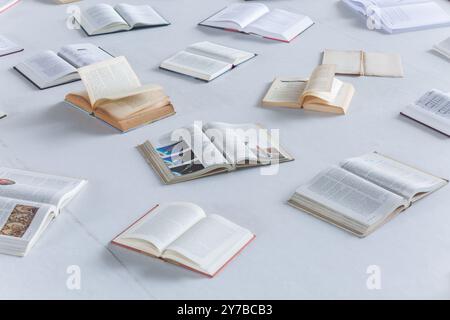 I libri fisici sono aperti sul pavimento. Esaminare l'intimità e le relazioni tra l'uomo e i libri. Foto Stock