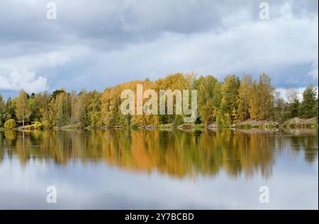 Paesaggio autunnale con alberi giallastri e acque calme di un fiume Foto Stock