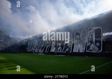 Herning, Danimarca. 29 settembre 2024. I tifosi del FC Midtjylland durante il match di Super League tra FC Midtjylland e Viborg FF alla MCH Arena di Herning domenica 29 settembre 2024. (Foto: Bo Amstrup/Ritzau Scanpix) credito: Ritzau/Alamy Live News Foto Stock