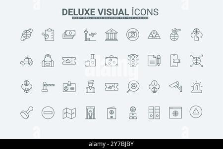 Immigrazione, documenti di viaggio turistici, istruzioni per l'approvazione online, simboli sottili di contorno neri, illustrazione vettoriale. Set di icone per passaporto, visto e carta d'identità per la linea di identificazione dei cittadini. Illustrazione Vettoriale