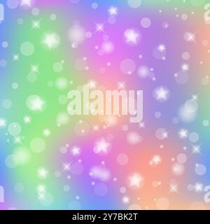 Unicorno rosa vettoriale cielo sfocato con stelle. Sfondo pastello delicato. Galassia sognante fantasy. Spazio magico ondulato con luce fatata e glitter. Illustrazione Vettoriale